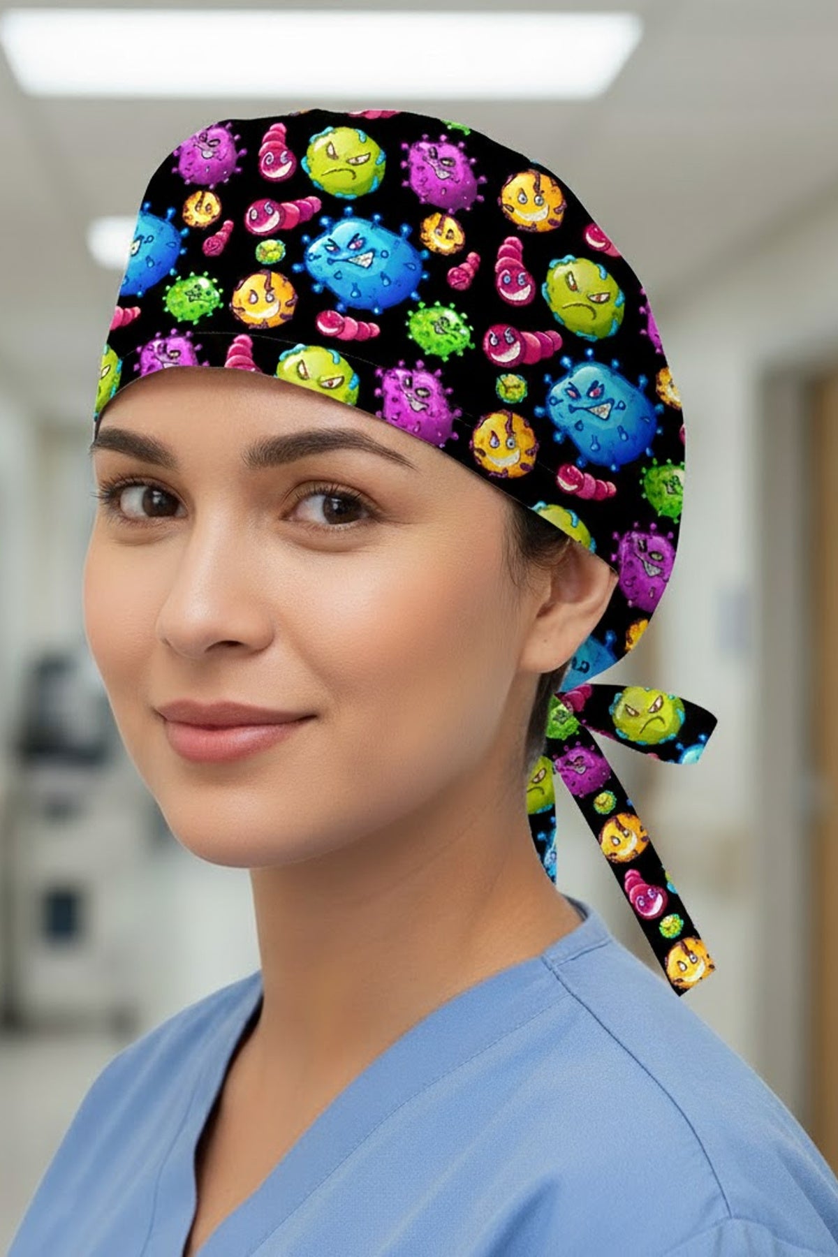 Mikrop Desenli Cerrahi Bone Unisex – Likralı Doktor Hemşire Bonesi