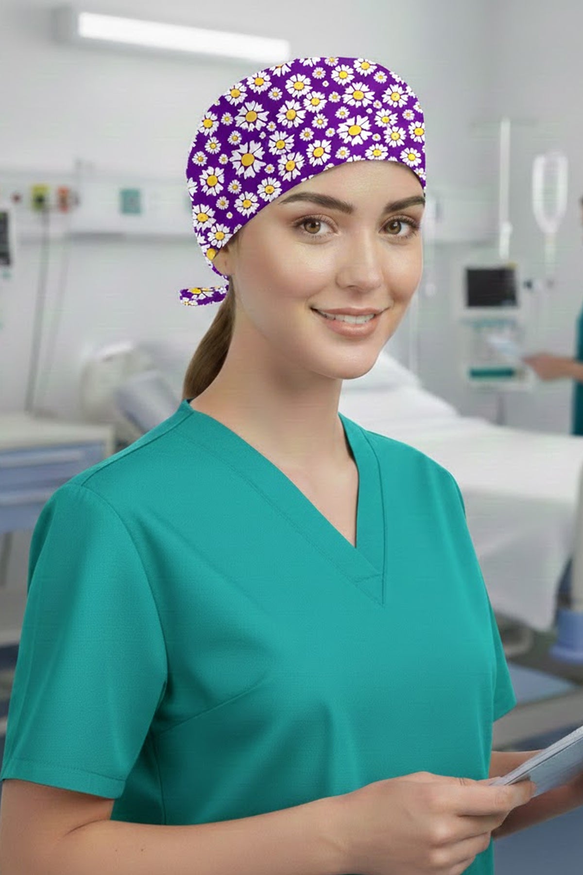 Mor Papatya Desenli Cerrahi Bone Unisex – Likralı Doktor Hemşire Bonesi