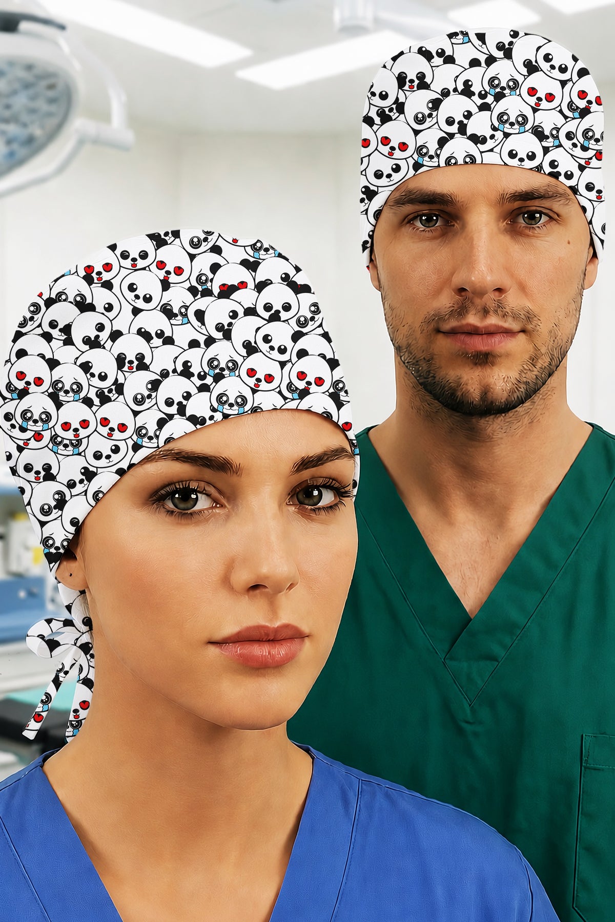 Pandalar Desenli Unisex Cerrahi Bone Hemşire ve Doktor Bone