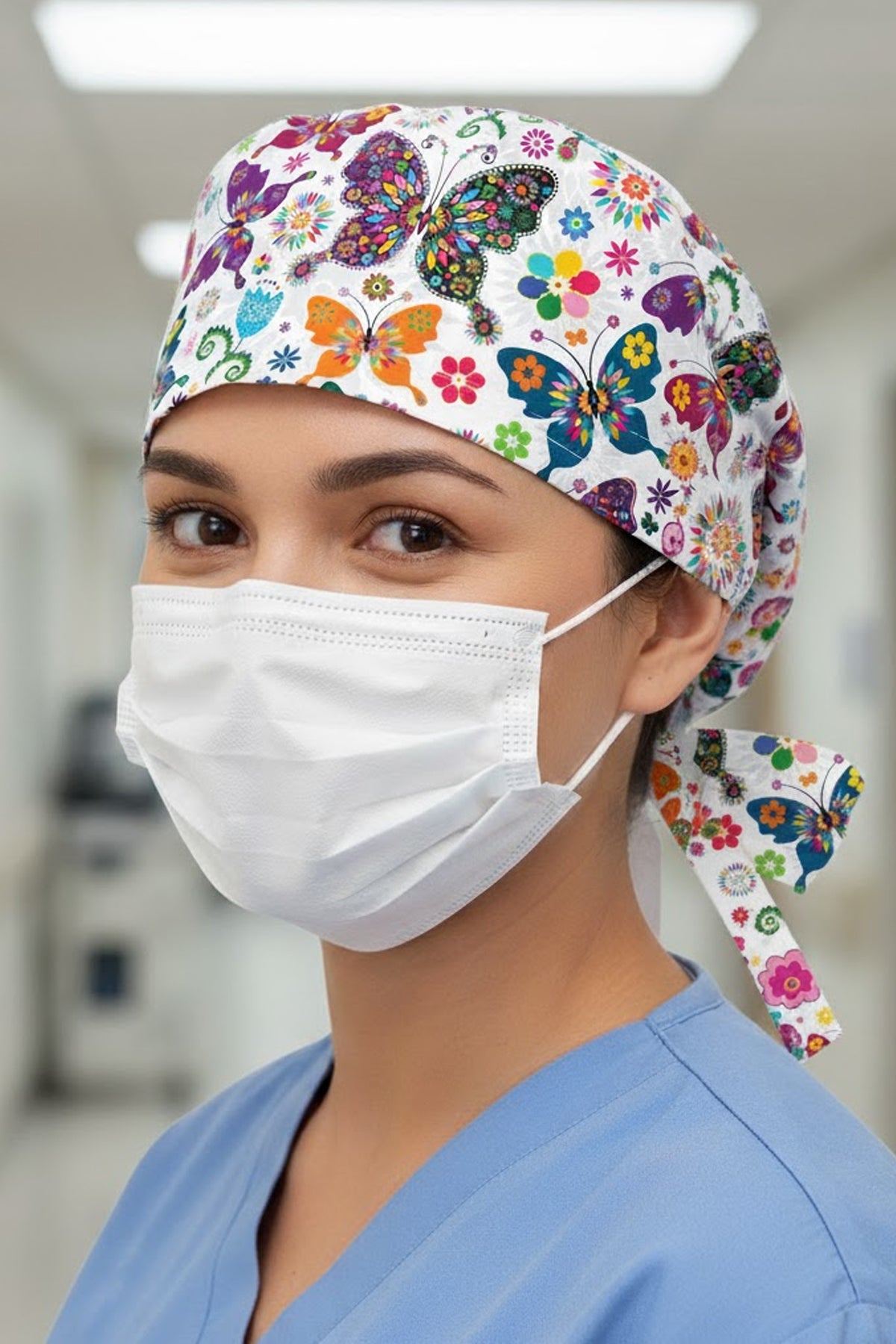 Pembe Kelebek Desenli Cerrahi Bone Unisex – Likralı Doktor Hemşire Bonesi
