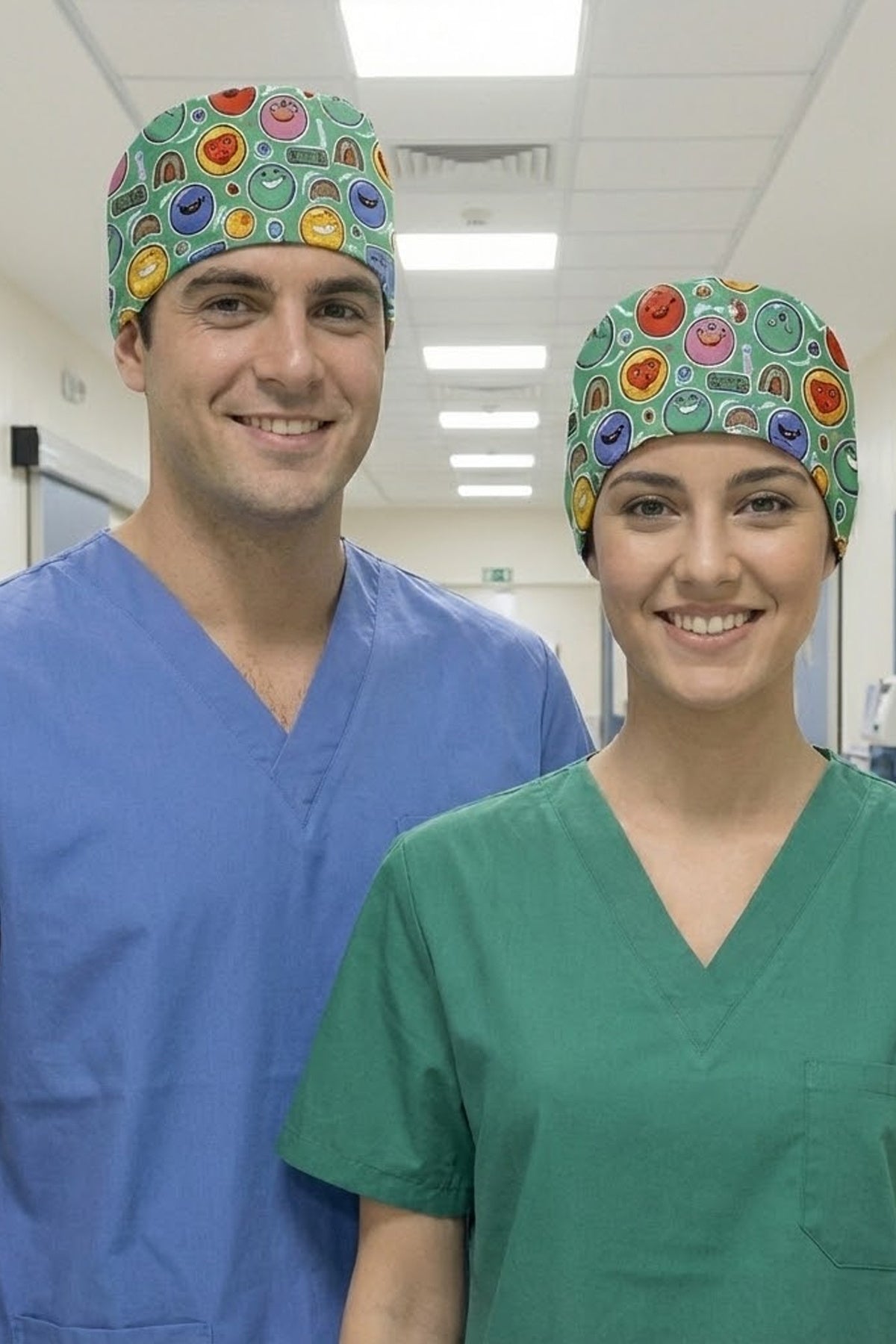 Renkli Gülücükler Desenli Cerrahi Bone Unisex – Likralı Doktor Hemşire Bonesi