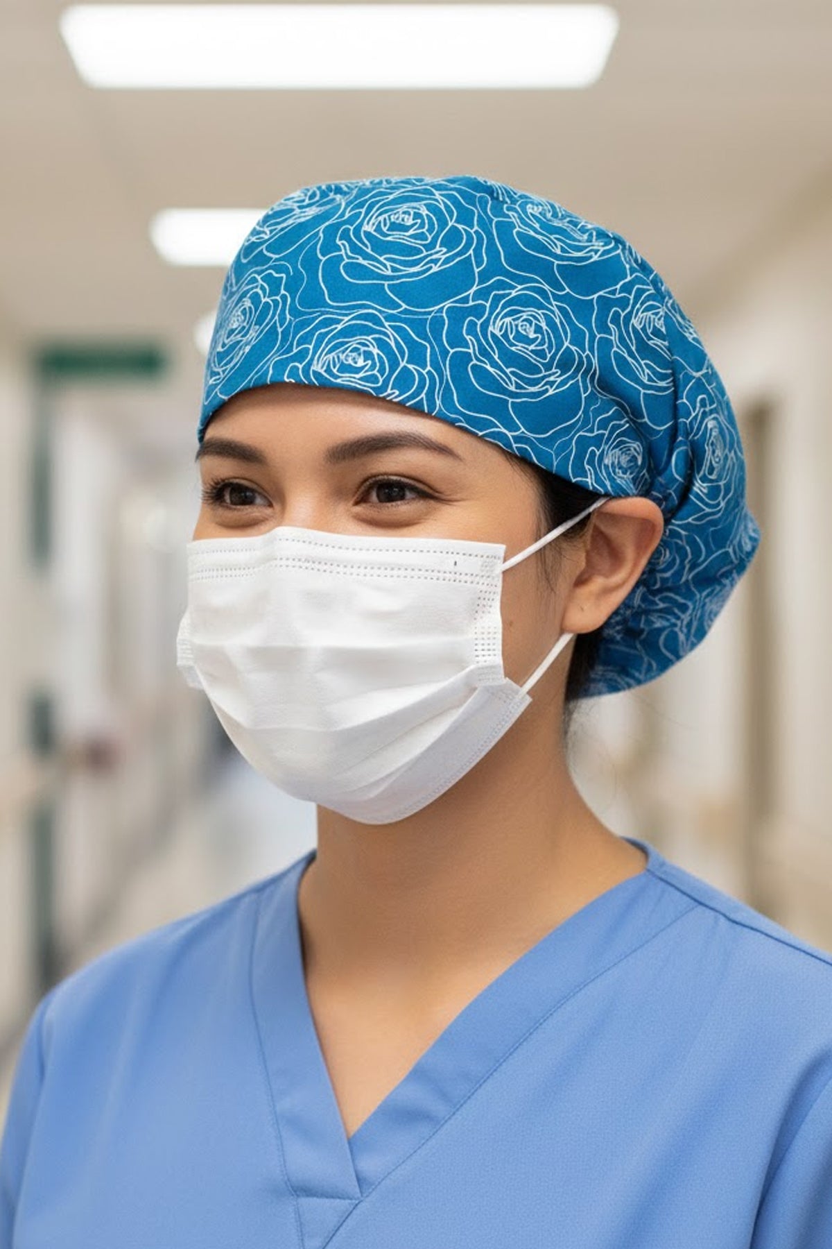 Rose Mavi Desenli Cerrahi Bone Unisex – Likralı Doktor Hemşire Bonesi