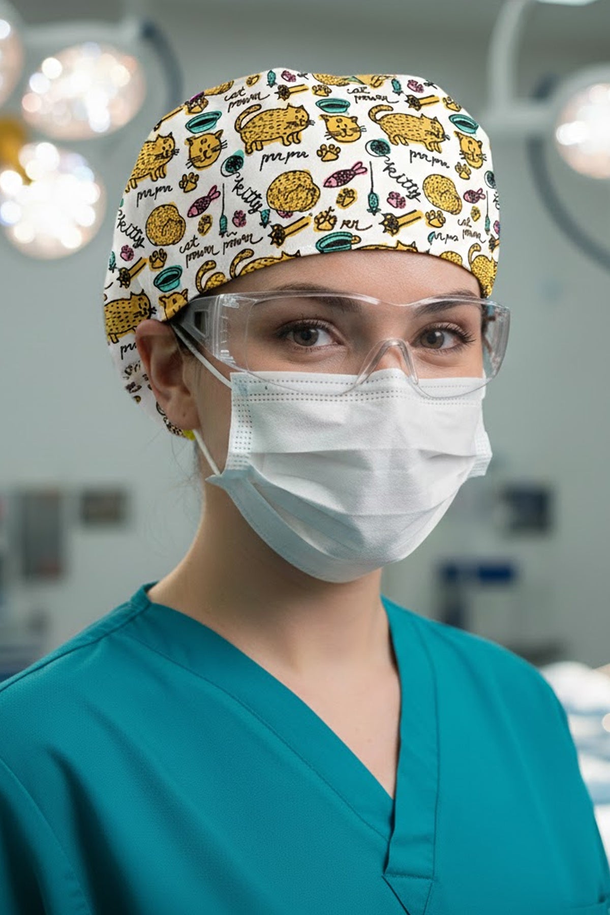 Sarı Kedi Fare Desenli Cerrahi Bone Unisex – Likralı Doktor Hemşire Bonesi