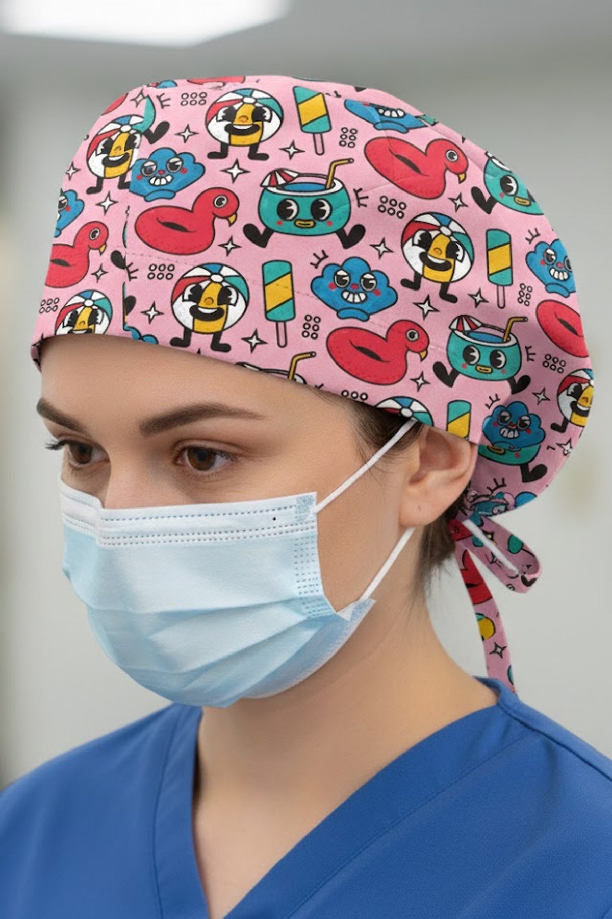 Şirin Kokteyl Desenli Cerrahi Bone Unisex – Likralı Doktor Hemşire Bonesi