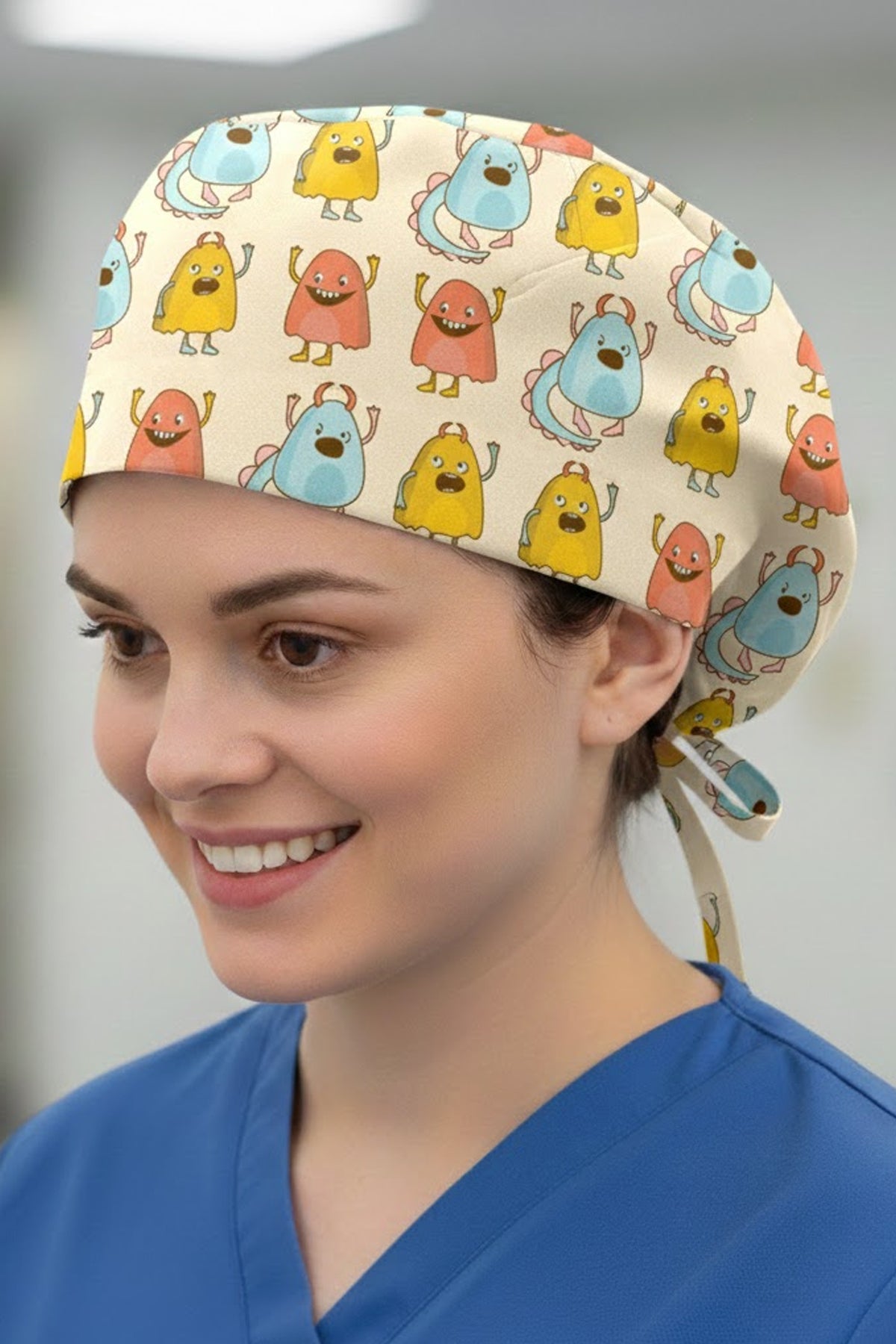 Tatlı Monster Desenli Cerrahi Bone Unisex – Likralı Doktor Hemşire Bonesi