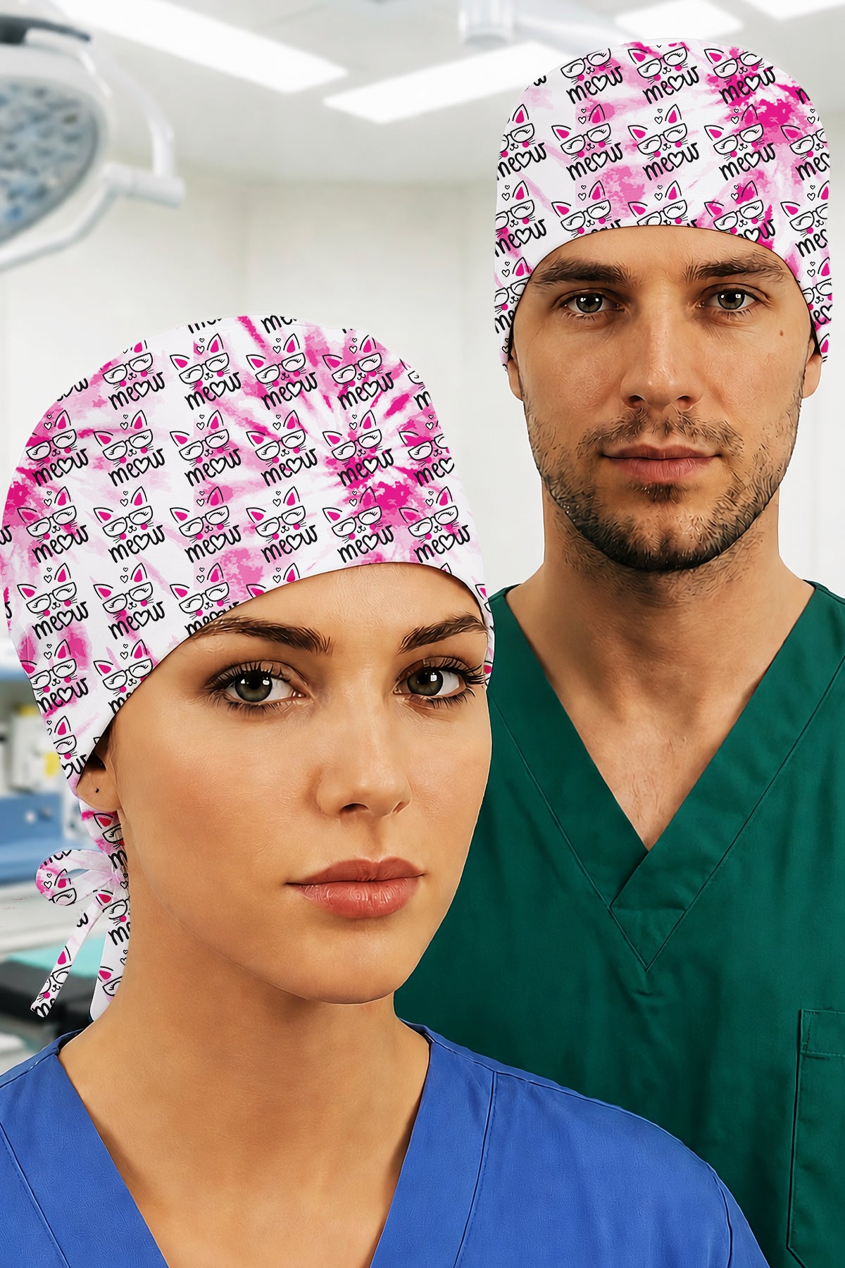 Miyav Pembe Desenli Unisex Cerrahi Bone Hemşire ve Doktor Bone