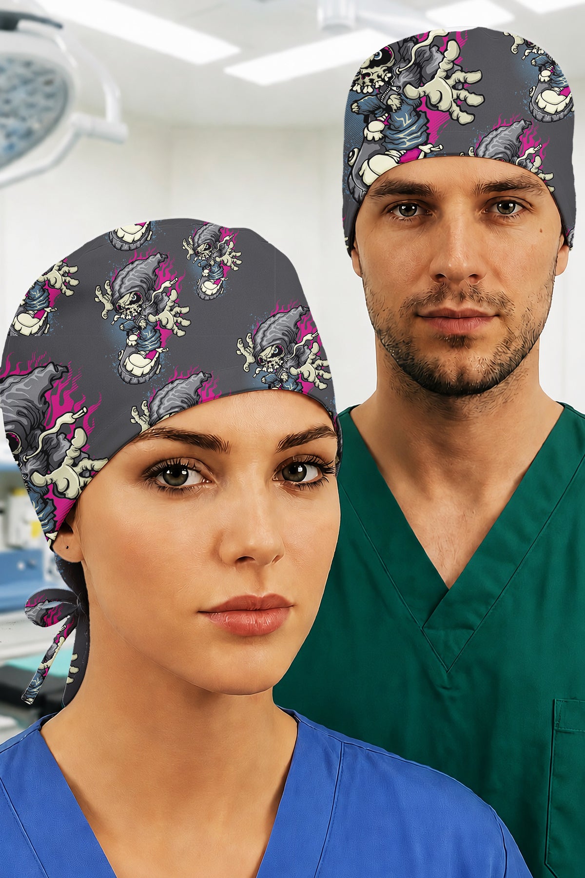 Kaykay Canavar Desenli Unisex Cerrahi Bone Hemşire ve Doktor Bone