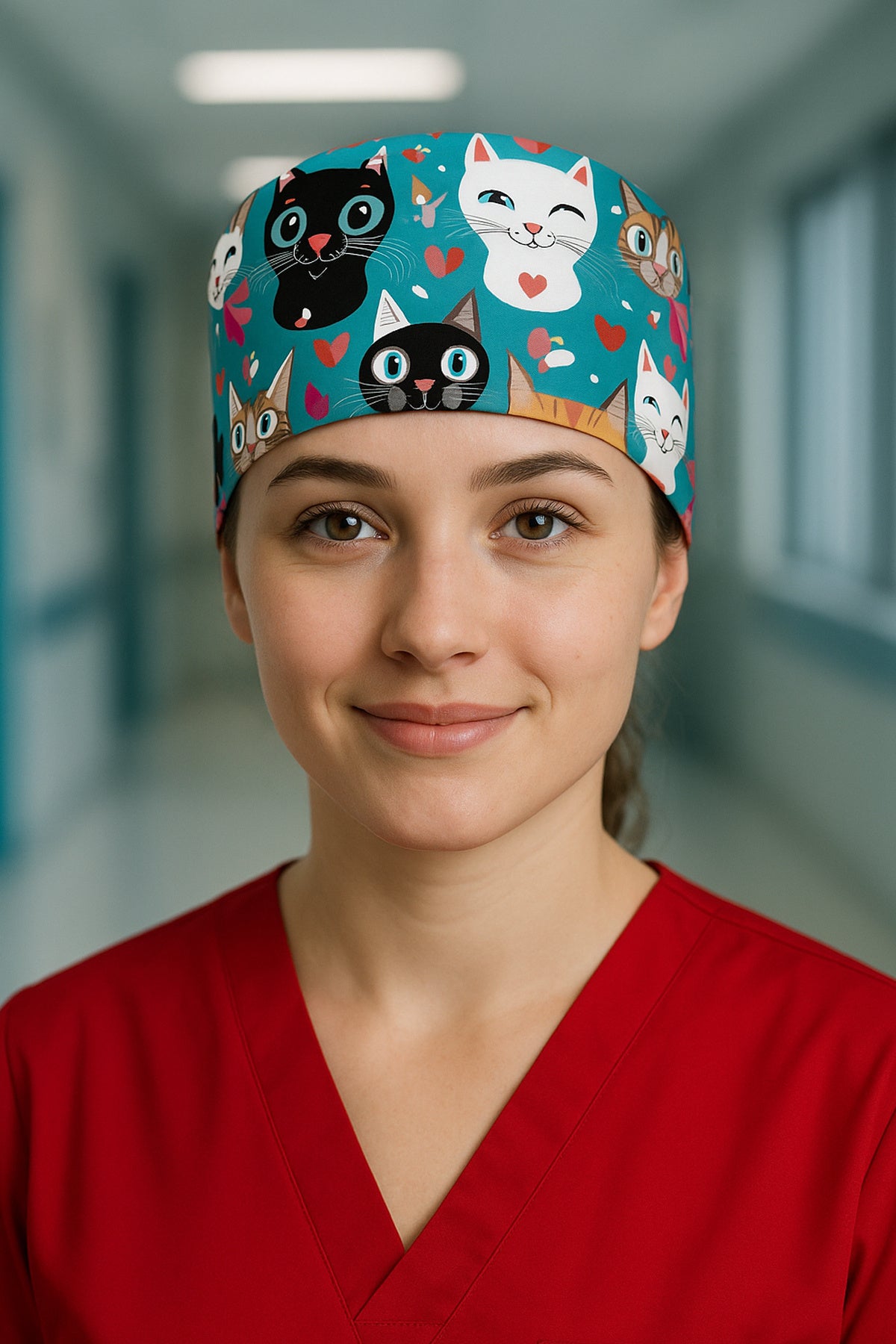 Süslü Kedi Desenli Cerrahi Bone Unisex – Likralı Doktor Hemşire Bonesi