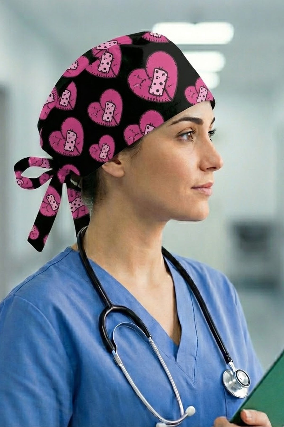 Yarabantlı Kalp Desenli Unisex Cerrahi Bone Hemşire ve Doktor Bone
