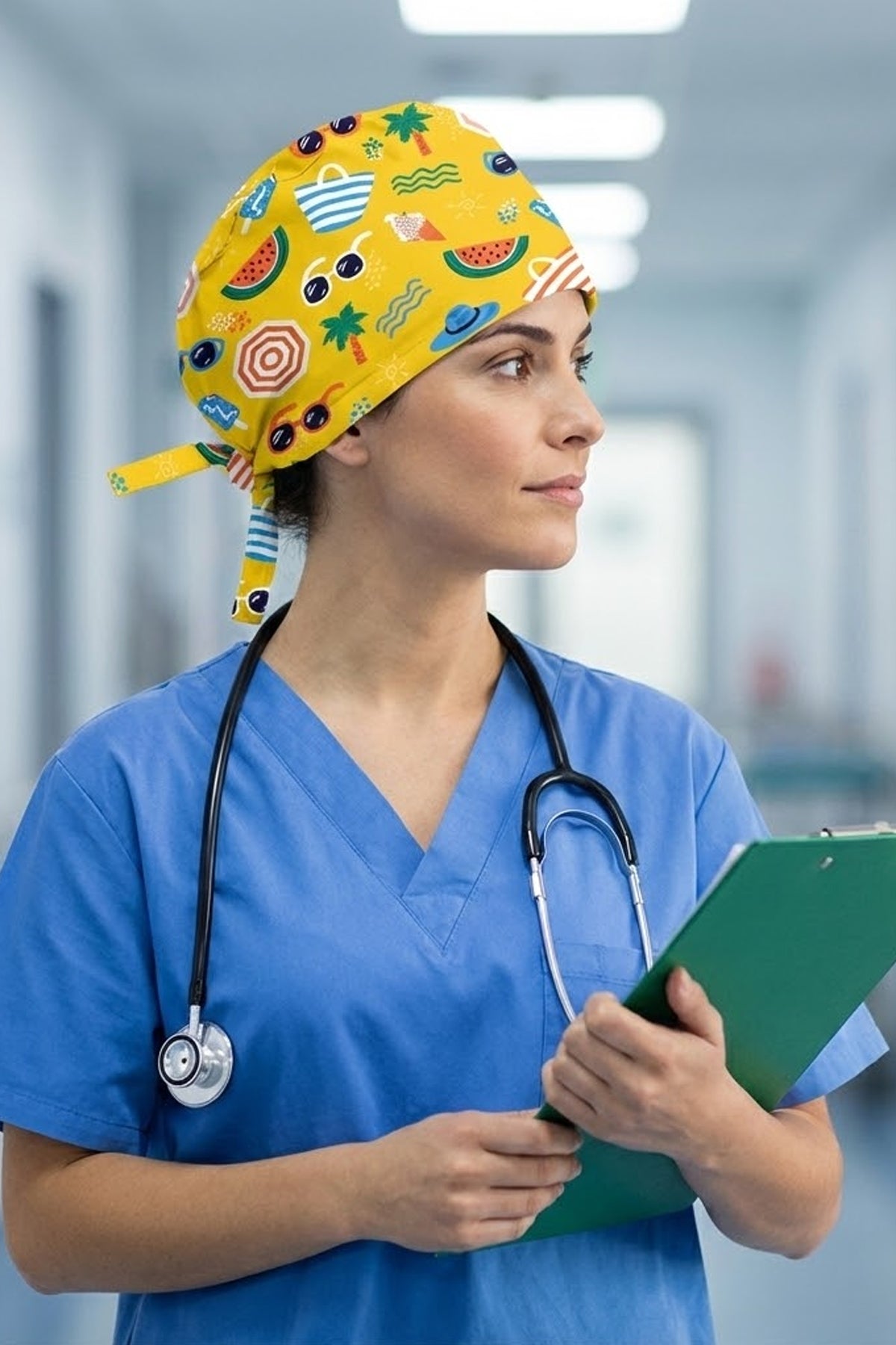 Yaz Mevsimi Desenli Unisex Cerrahi Bone Hemşire ve Doktor Bone