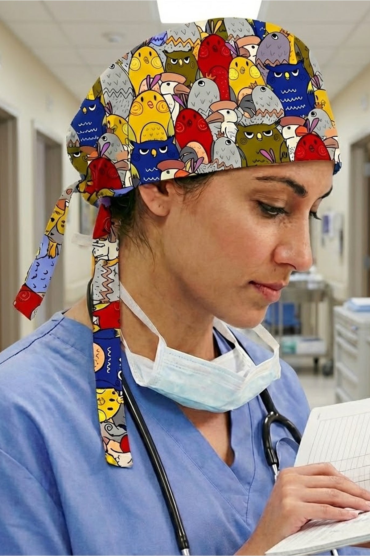 Kızgın Kuşlar Desenli Unisex Cerrahi Bone Hemşire ve Doktor Bone