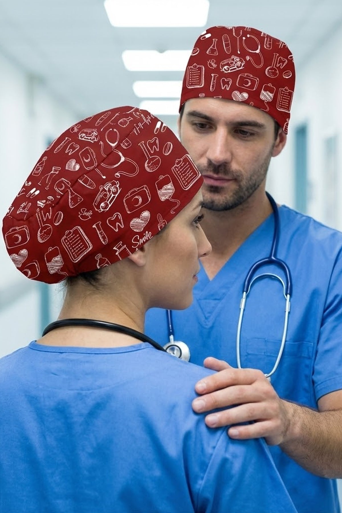 Medikal Sembol Bordo Desenli Unisex Cerrahi Bone Hemşire ve Doktor Bone