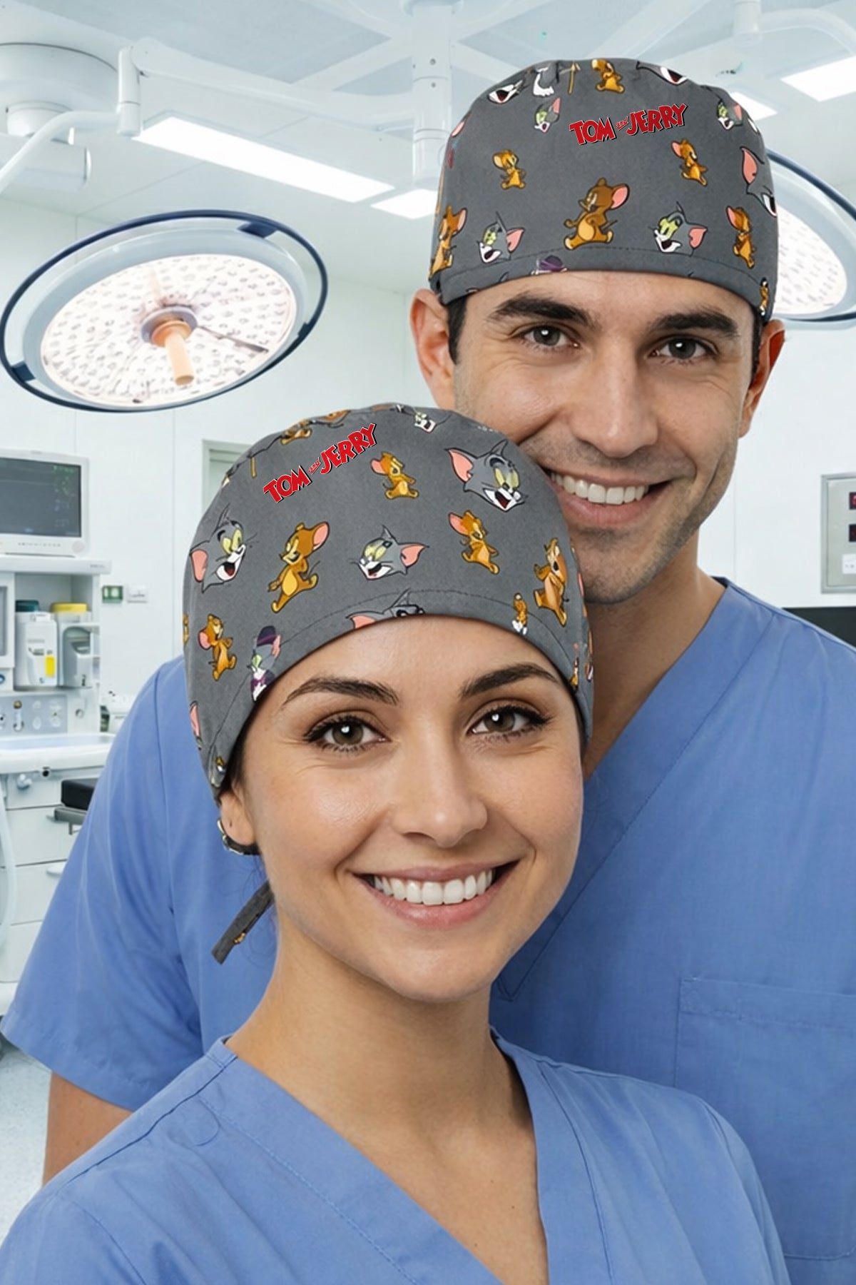 Kedi ve Fare Desenli Unisex Cerrahi Bone Hemşire ve Doktor Bone