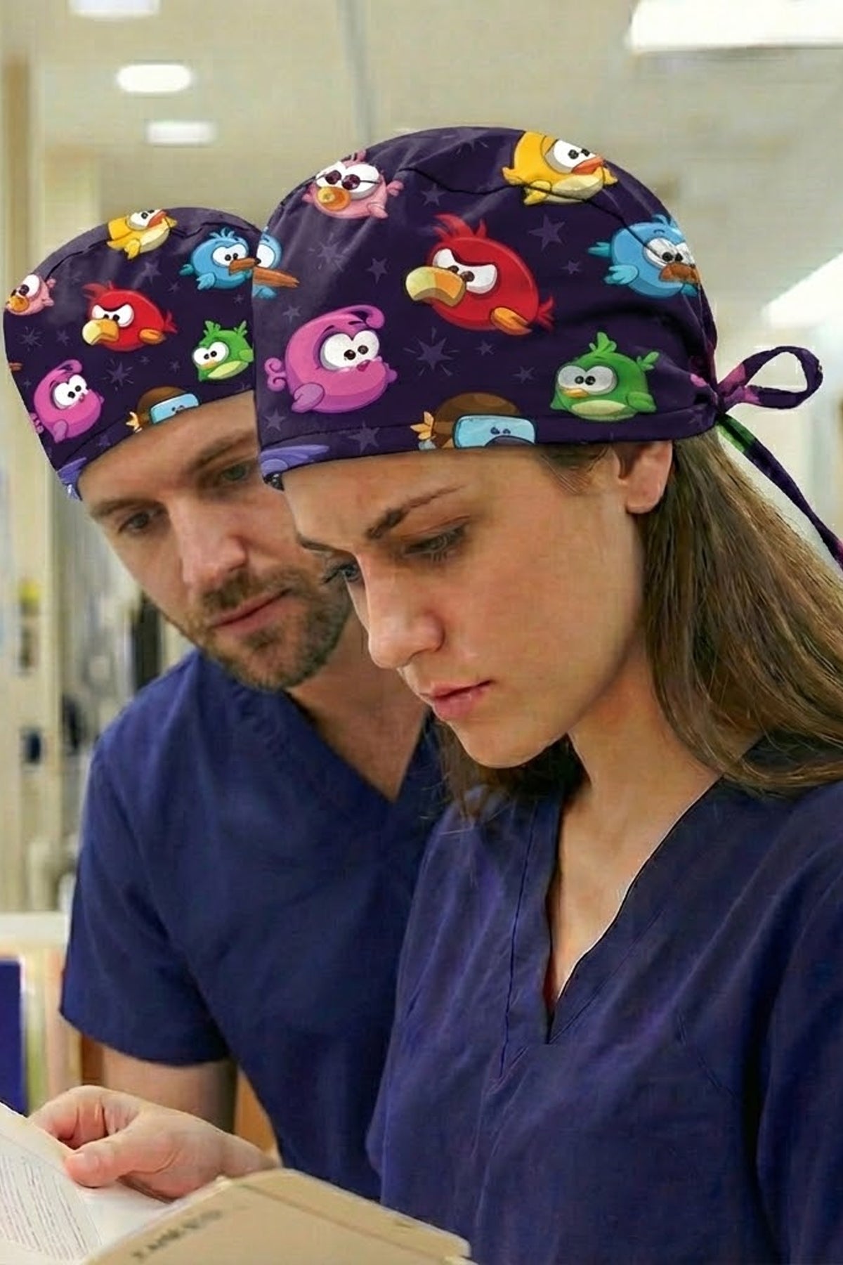 Kıreyzi Birds Desenli Unisex Cerrahi Bone Hemşire ve Doktor Bone