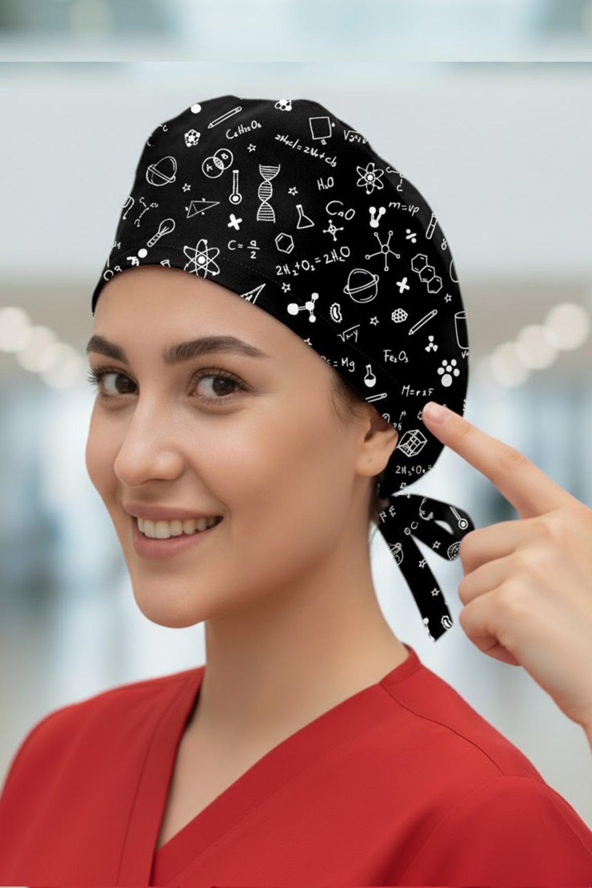 Bilim Siyah Desenli Cerrahi Bone Unisex – Likralı Doktor Hemşire Hastane Bonesi Kadın Erkek