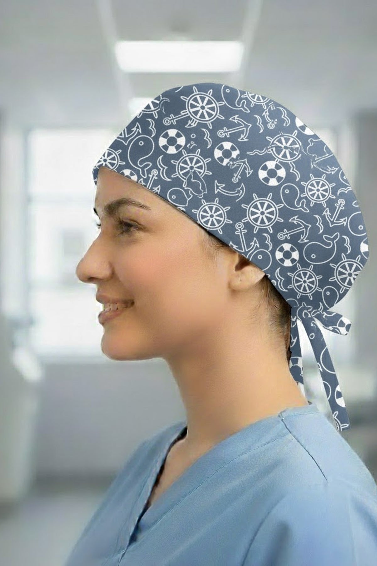 Çapa Mavi Desenli Cerrahi Bone Unisex – Likralı Doktor Hemşire Hastane Bonesi Kadın Erkek