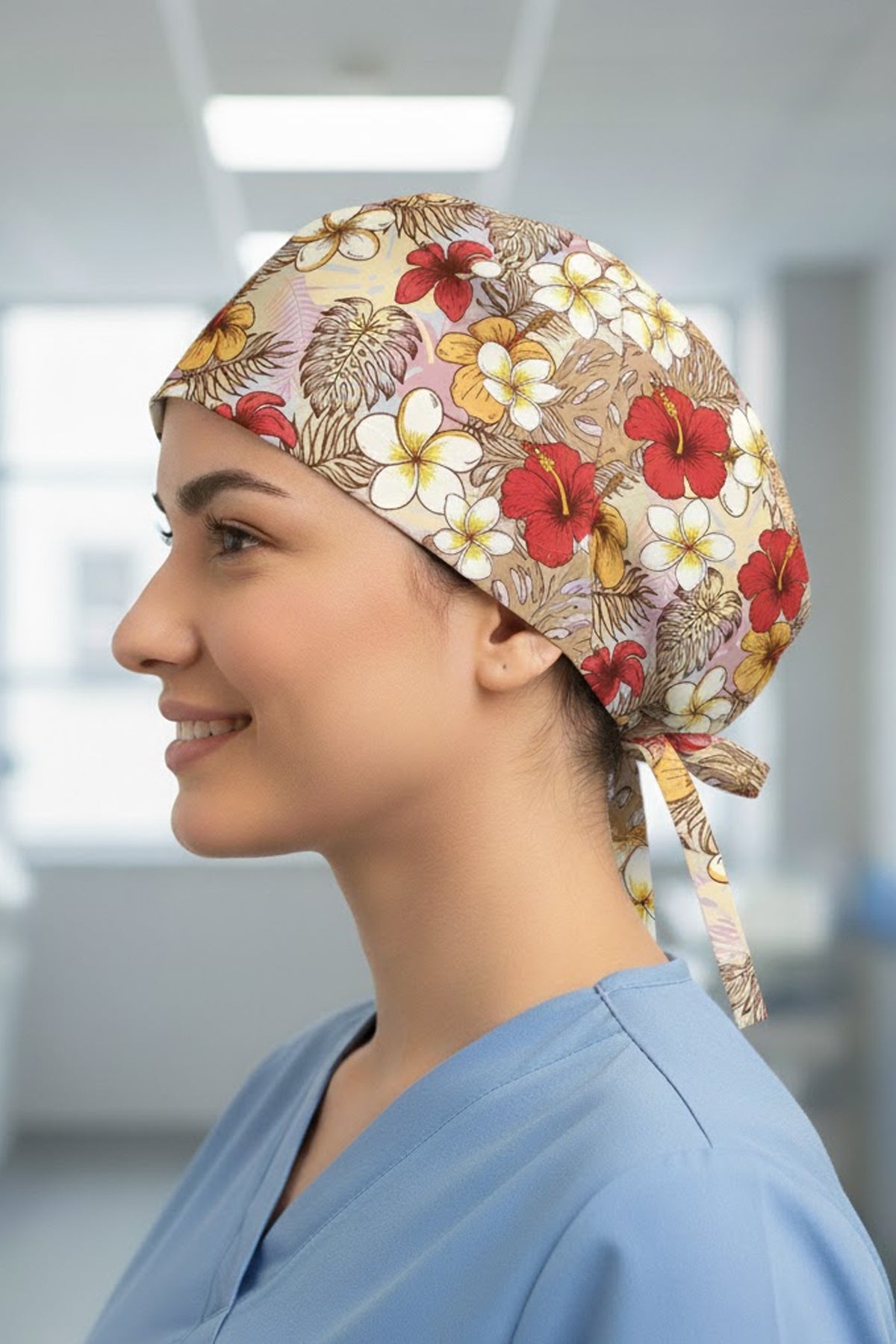 Çiçek Yaprak Fuşya Desenli Cerrahi Bone Unisex – Likralı Doktor Hemşire Bonesi