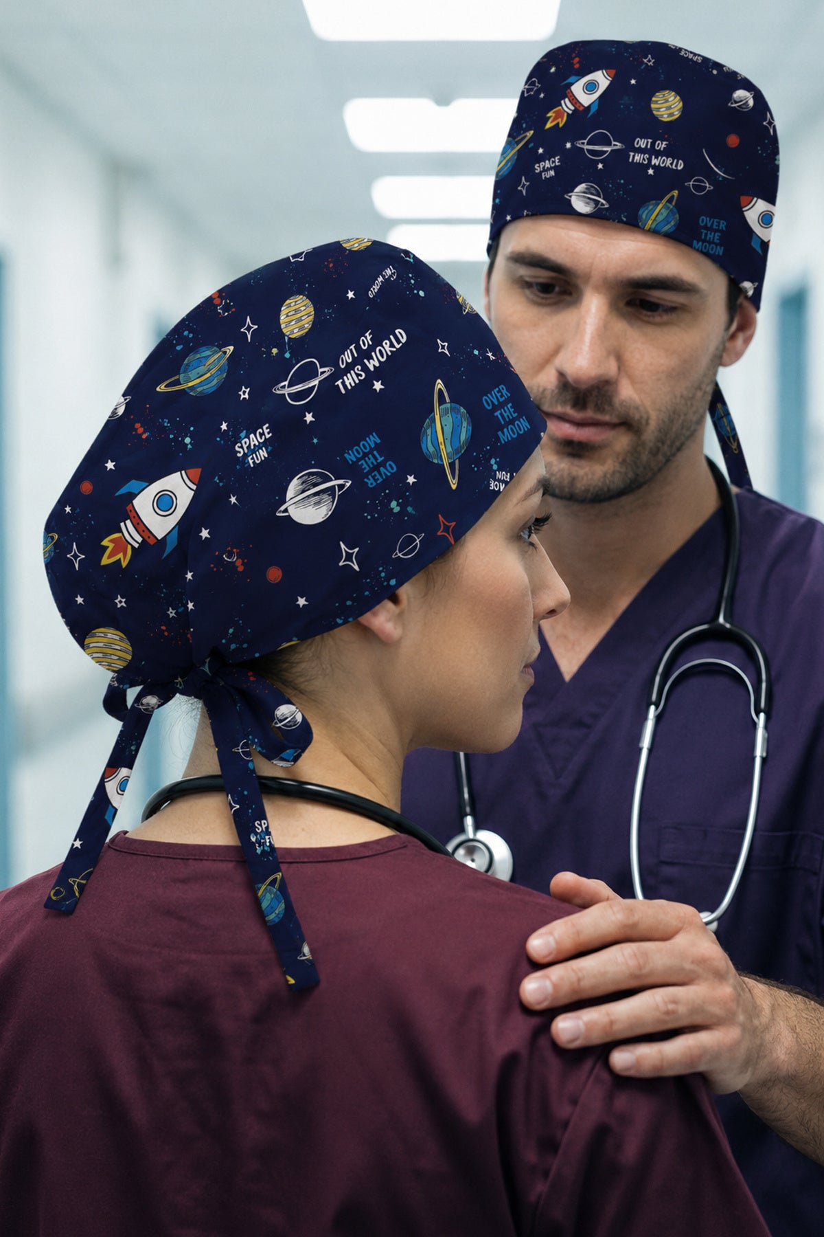 Uzay Gezegen Desenli Unisex Cerrahi Bone Hemşire ve Doktor Bone