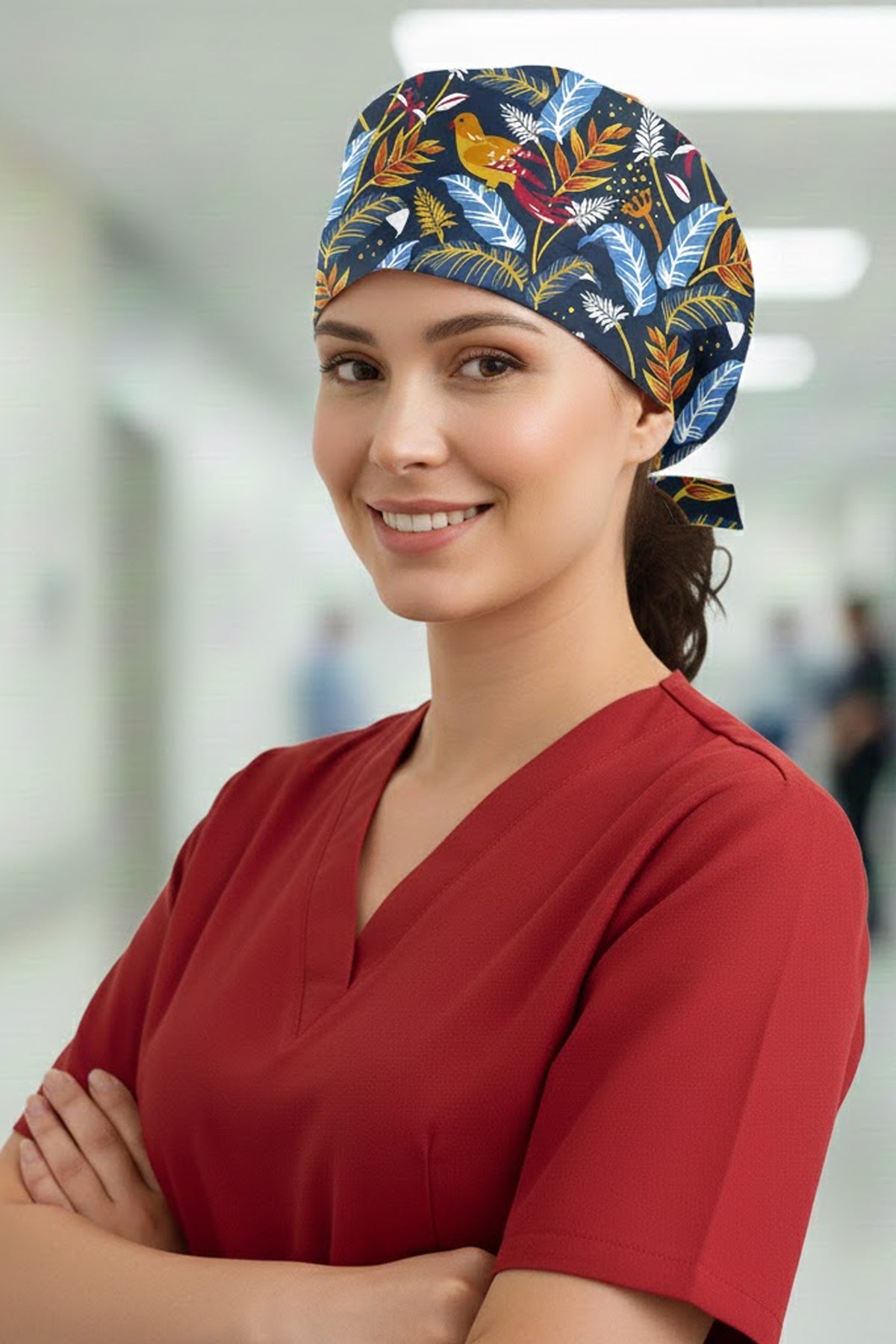 Kuş Lacivert Desenli Cerrahi Bone Unisex – Likralı Doktor Hemşire Bonesi